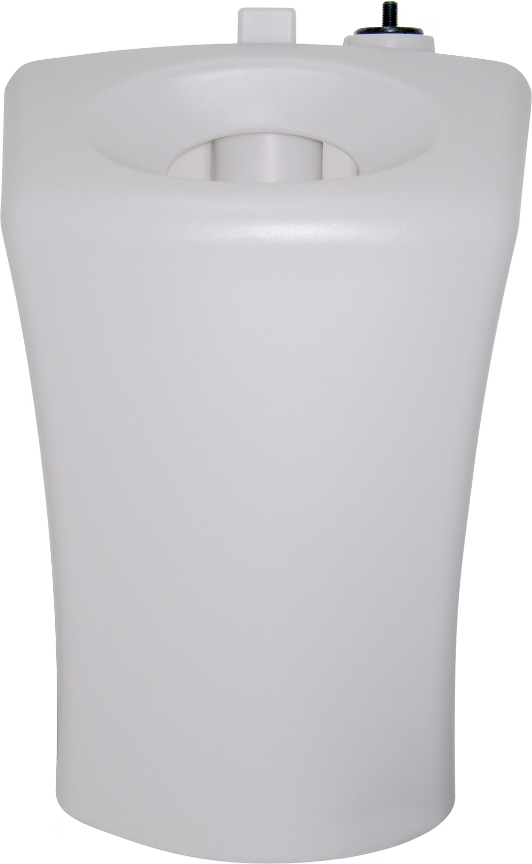 WOLFF_Dummy_59831_Cleaning tank_2025-08 Un grand réservoir en plastique blanc, de forme cylindrique légèrement conique, avec une ouverture circulaire encastrée sur le dessus et une petite vanne filetée ou raccord près du bord ; surface mate, photographié sur fond blanc.