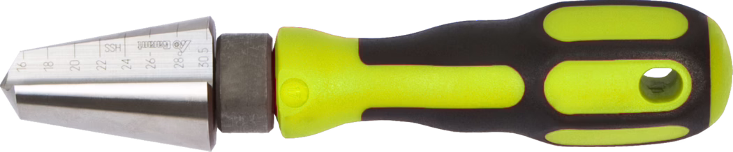 WOLFF_Dummy_87831_15807_Hole cutter_2025-08 Un tournevis de précision avec une pointe conique métallique marquée d'incréments de mesure et une poignée ergonomique jaune vif pour une meilleure adhérence.