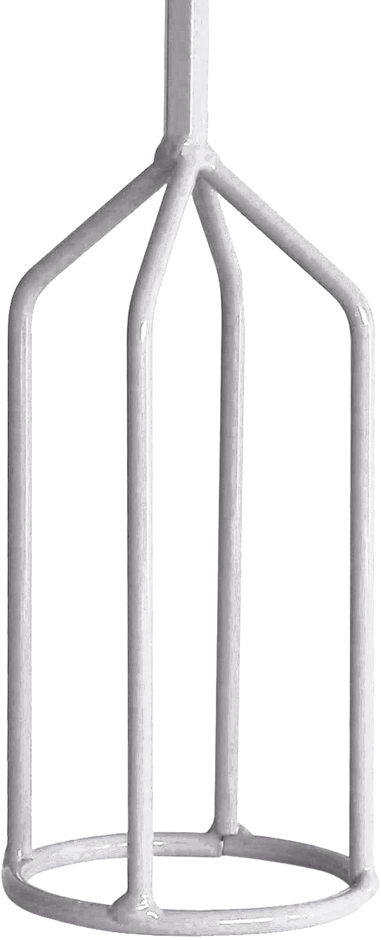 Un objet métal blanc ressemblant à un outil utilisé pour soulever ou tenir des articles, composé d'un poteau vertical avec trois bras s'étendant pour soutenir une base circulaire.